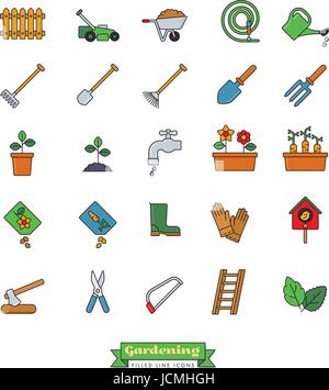 Collection of gardening vector icons, filled outline style Stock Vector