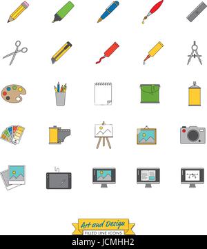 Collection of art, design and publishing symbols, filled line icon style Stock Vector