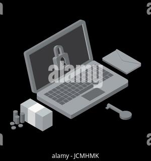 Business data has been encrypted. malware attack isolated on black background. ransom malware name is wanna cry, Isometric vector illustration. Stock Vector