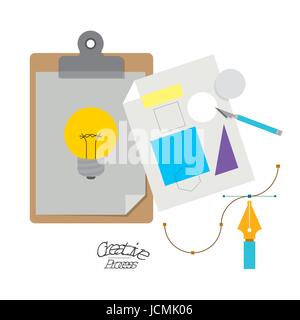 colorful background with table notepad with graphic light bulb and sheet with geometric forms and scalpel creative process Stock Vector