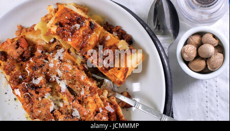 Top down view of delicious steamy lasagne in bolognese sauce (pasta) Stock Photo