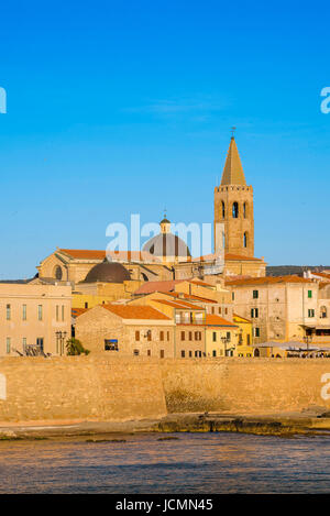 Alghero cityscape, view of the skyline and the huge sea wall - or bastioni- along the western side of Alghero, summer, northern Sardinia. Stock Photo