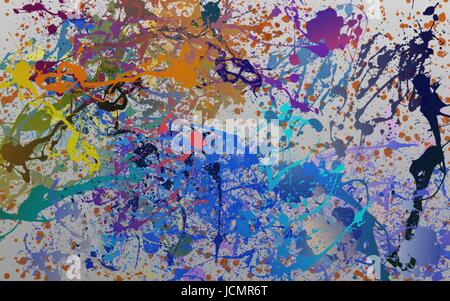 Abstract art multicolored background of chaotic paint splashes on a concrete wall texture Stock Photo