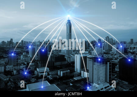 Smart city scape and network connection concept, wireless signal of internet in business city. internet connection. social on line business Stock Photo