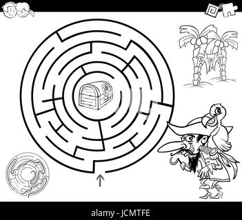 Black and White Cartoon Illustration of Education Maze or Labyrinth Game for Children with Pirate and Treasure Chest Coloring Page Stock Vector