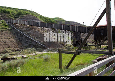 The Atlas Coal Mine, a National Historic Site, in the Badlands of Alberta, Canada. Coal mining was once a major industry in the region. Stock Photo