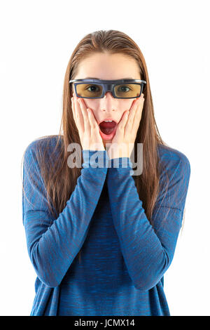 Amazed little girl in 3d glasses isolated on white background