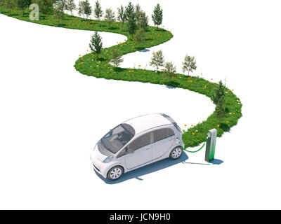 Concept for electric car creating nature on its path white background 3d rendering Stock Photo