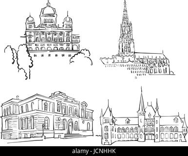 Bern Famous Buildings, Monochrome Outlined Travel Landmarks, Scalable Vector Illustration Stock Vector