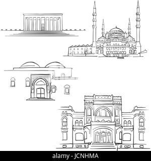 Ankara, Turkey, Famous Buildings, Monochrome Outlined Travel Landmarks, Scalable Vector Illustration Stock Vector