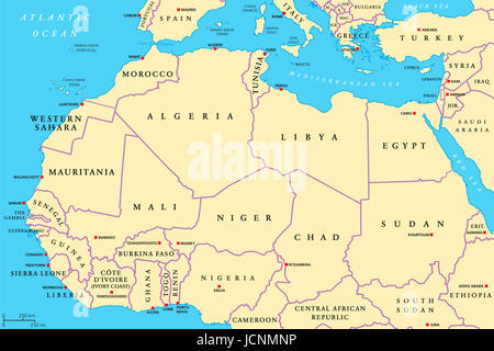 North Africa countries political map with capitals and borders. From Atlantic shores of Morocco to Egypt and Red Sea. Maghreb. Stock Photo