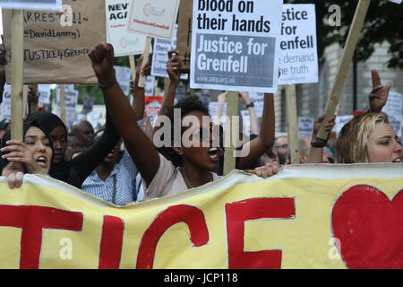 London, UK. 16th June, 2017. Prtesters gather outside the Home Office building in Westminster and March on 10 Downing Street, the Prime Minister's residence. Roland Ravenhill/ Alamy Live News. Stock Photo