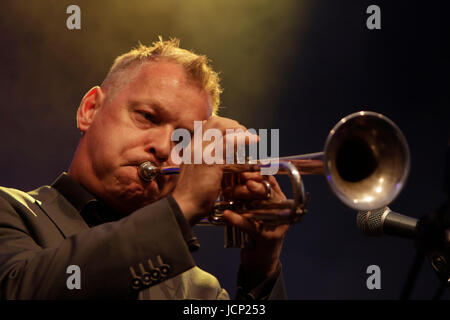 Worms, Germany. 16th June, 2017. David Rockefeller from the New Cool Collective plays the trumpet live with the UK band Matt Bianco on stage at the 2017 Jazz and Joy Festival in Worms in Germany. Credit: Michael Debets/Alamy Live News Stock Photo