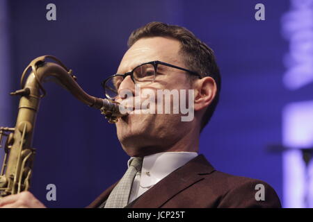Worms, Germany. 16th June, 2017. Benjamin Herman from the New Cool Collective plays the saxophone live with the UK band Matt Bianco on stage at the 2017 Jazz and Joy Festival in Worms in Germany. Credit: Michael Debets/Alamy Live News Stock Photo