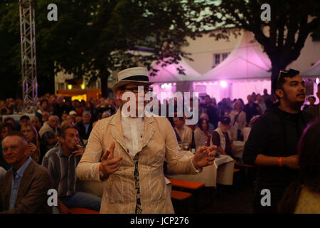 Worms, Germany. 16th June, 2017. A woman dances to the music of the UK band Matt Bianco together with the New Cool Collective at the 2017 Jazz and Joy Festival in Worms in Germany. Credit: Michael Debets/Alamy Live News Stock Photo