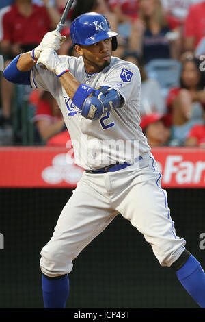 Los Angeles, California, USA. 16th June, 2017. Kansas City Royals shortstop Alcides Escobar #2 bats for the Royals in the game between the Kansas City Royals and Los Angeles Angels of Anaheim, Angel Stadium in Anaheim, CA, Photographer: Peter Joneleit Credit: Cal Sport Media/Alamy Live News Stock Photo