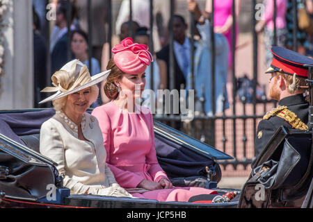 London, UK. 17th June, 2017. The Duchess of Cornwall and the Duchess of Cambridge - Trooping the Colour by the Irish Guards on the Queen's Birthday Parade. The Queen's Colour is “Trooped” in front of Her Majesty The Queen and all the Royal Colonels. His Royal Highness The Duke of Cambridge takes the Colonel's Review for the first time on Horse Guards Parade riding his horse Wellesley. The Irish Guards are led out by their famous wolfhound mascot Domhnall and more than one thousand Household Division soldiers perform their ceremonial duty. Credit: Guy Bell/Alamy Live News Stock Photo