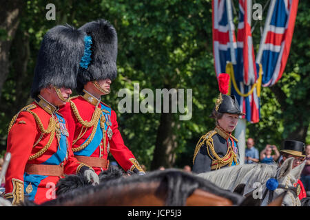 London, UK. 17th June, 2017. Prince Charles, Prince William and Princess Anne - Trooping the Colour by the Irish Guards on the Queen's Birthday Parade. The Queen's Colour is “Trooped” in front of Her Majesty The Queen and all the Royal Colonels. His Royal Highness The Duke of Cambridge takes the Colonel's Review for the first time on Horse Guards Parade riding his horse Wellesley. The Irish Guards are led out by their famous wolfhound mascot Domhnall and more than one thousand Household Division soldiers perform their ceremonial duty. Credit: Guy Bell/Alamy Live News Stock Photo