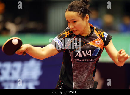 Tokyo, Japan. 17th June, 2017. Japanese table tennis player Mima Ito returns the ball against Wang Manyu of China during women's singles quarter finals of the ITTF World Tour Platinum Japan Open table tennis championships at the Tokyo Gymnasium on Satursday, June 17, 2017. Ito lost the game 2-4. Credit: Yoshio Tsunoda/AFLO/Alamy Live News Stock Photo