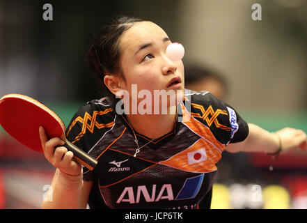 Tokyo, Japan. 17th June, 2017. Japanese table tennis player Mima Ito delivers a service against Wang Manyu of China during women's singles quarter finals of the ITTF World Tour Platinum Japan Open table tennis championships at the Tokyo Gymnasium on Satursday, June 17, 2017. Itolost the game 2-4. Credit: Yoshio Tsunoda/AFLO/Alamy Live News Stock Photo