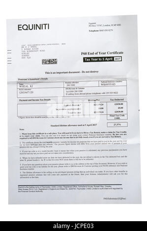 P60 End Of  Year Certificate 2017 Police Pension Issued BY Equiniti Stock Photo