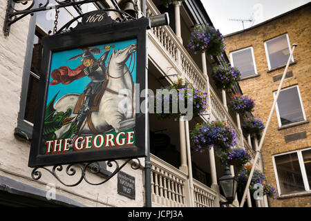 UK, London, Borough High Street, sign of George Inn, one of London’s last Galleried Inns, mentioned in Little Dorritt Stock Photo