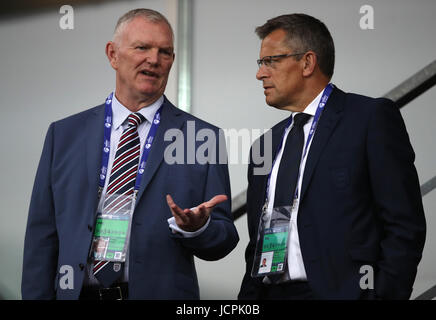 FA Chairman Greg Clarke (left) and FA CEO Martin Glenn during the UEFA European Under-21 Championship, Group A match at the Kolporter Arena, Kielce. Stock Photo