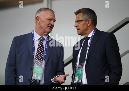 FA Chairman Greg Clarke (left) and FA CEO Martin Glenn during the UEFA European Under-21 Championship, Group A match at the Kolporter Arena, Kielce. Stock Photo