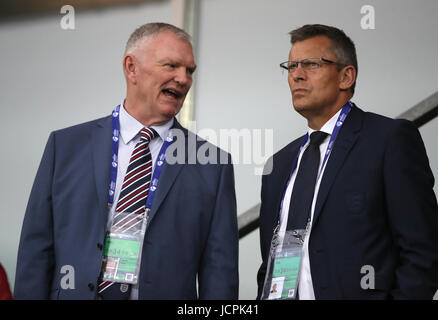 FA Chairman Greg Clarke (left) and FA CEO Martin Glenn during the UEFA European Under-21 Championship, Group A match at the Kolporter Arena, Kielce. Stock Photo