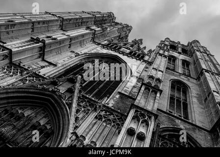 The facade of the gothic cathedral of Saint Michael and Saint Gudula in black and white in Brussels, Belgium. Stock Photo