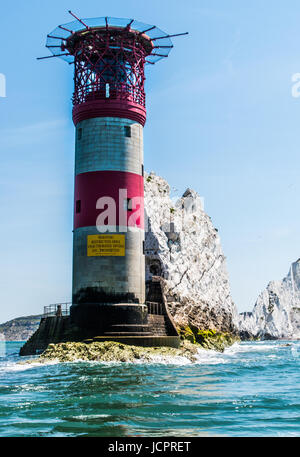 needles lighthouse from the sea alum bay isle of wight  england Stock Photo