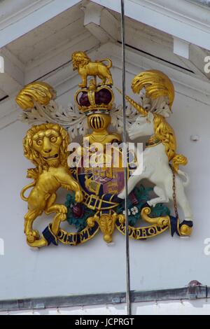 The Royal Coat of Arms on Exeter's Customs House. Exeter Quay, Devon, UK. June, 2017. Stock Photo