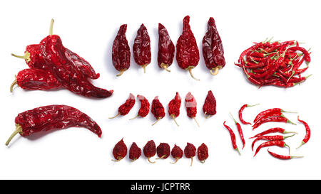 Dried chile peppers: Hot wax, Anaheim,Habanero, Bhut Jolokia, De Arbol. Clipping paths, shadows separated, top view Stock Photo