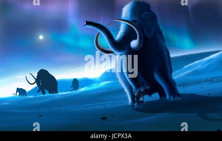 Artwork of the woolly mammoth (Mammuthus primigenius), or tundra mammoth. This animal lived during the Pleistocene epoch and into the early Holocene, and as such coexisted with humans. It was roughly the same size as a modern African elephant. Covered in thick hair, it was well adapted to the cold environment in which it lived - in northern America, Europa and Asia. In the sky, the aurora borealis can be seen. Stock Photo