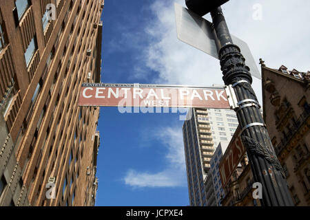 city brown street sign for central park west New York City USA Stock Photo