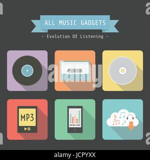 set of evolution of music gadget icon, analog to digital technology, flat style Stock Vector