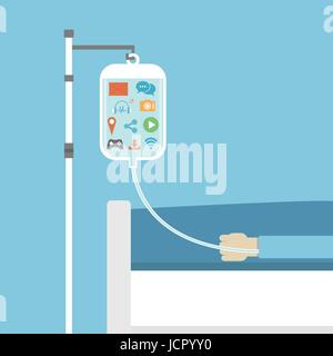 social addiction, patient on sick bed healed by social network, concept, flat style Stock Vector