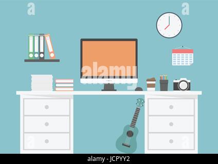 designer's equipment on desk, coffee, camera, book, workspace and creative zone, flat design Stock Vector