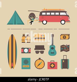 classic van with equipment icon set, retro style Stock Vector