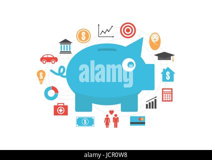 piggy bank with icon, money saving reason, isolated on white background Stock Vector