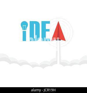 the word 'idea' on sky with paper plane and light bulb, thinking concept Stock Vector