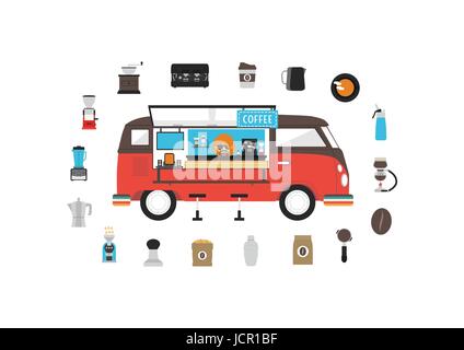 mobile coffee van with set of coffee icon on white Stock Vector