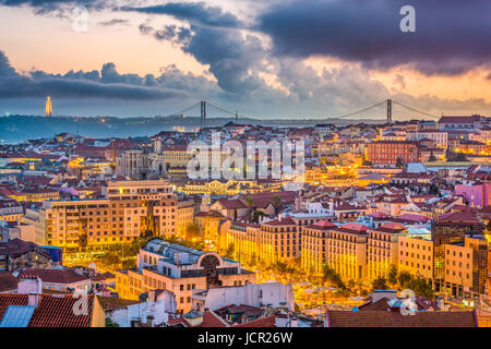 Lisbon, Portugal skyline after sunset. Stock Photo
