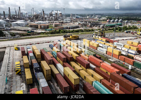 Containers at port showing Grangemouth Industrial complex in background Stock Photo