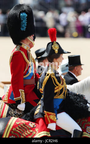 The Duke of Cambridge (left) and Princess Royal during the Trooping the Colour ceremony at Horse Guards Parade, central London, as the Queen celebrates her official birthday. Stock Photo