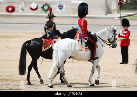 The Duke of Cambridge and Princess Royal leave following the Trooping the Colour ceremony at Horse Guards Parade, central London, as the Queen celebrates her official birthday. Stock Photo