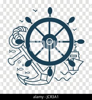 silhouette of travel, sea cruise in the form of sea rudder, anchor, ship. Icon in the linear style Stock Vector