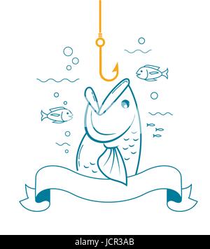 Banner of fishing in the form of a fishing hook and a fish with an open mouth. Icon in the linear style Stock Vector