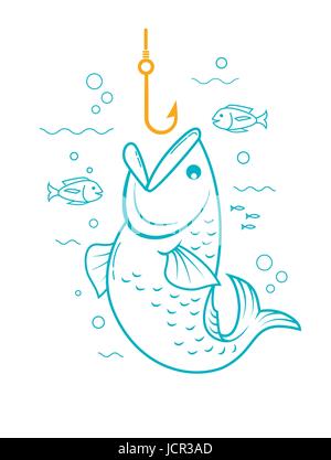 concept of fishing in the form of a fishing hook and a fish with an open mouth. Icon in the linear style Stock Vector