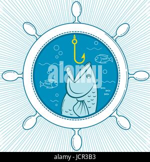 Illustration of fishing in the form of a fish on a hook in the sea  rudder ship. Icon in the linear style Stock Vector